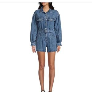 Free People We The Free Light wash Denim Balloon Long Sleeve Short Romper NWT